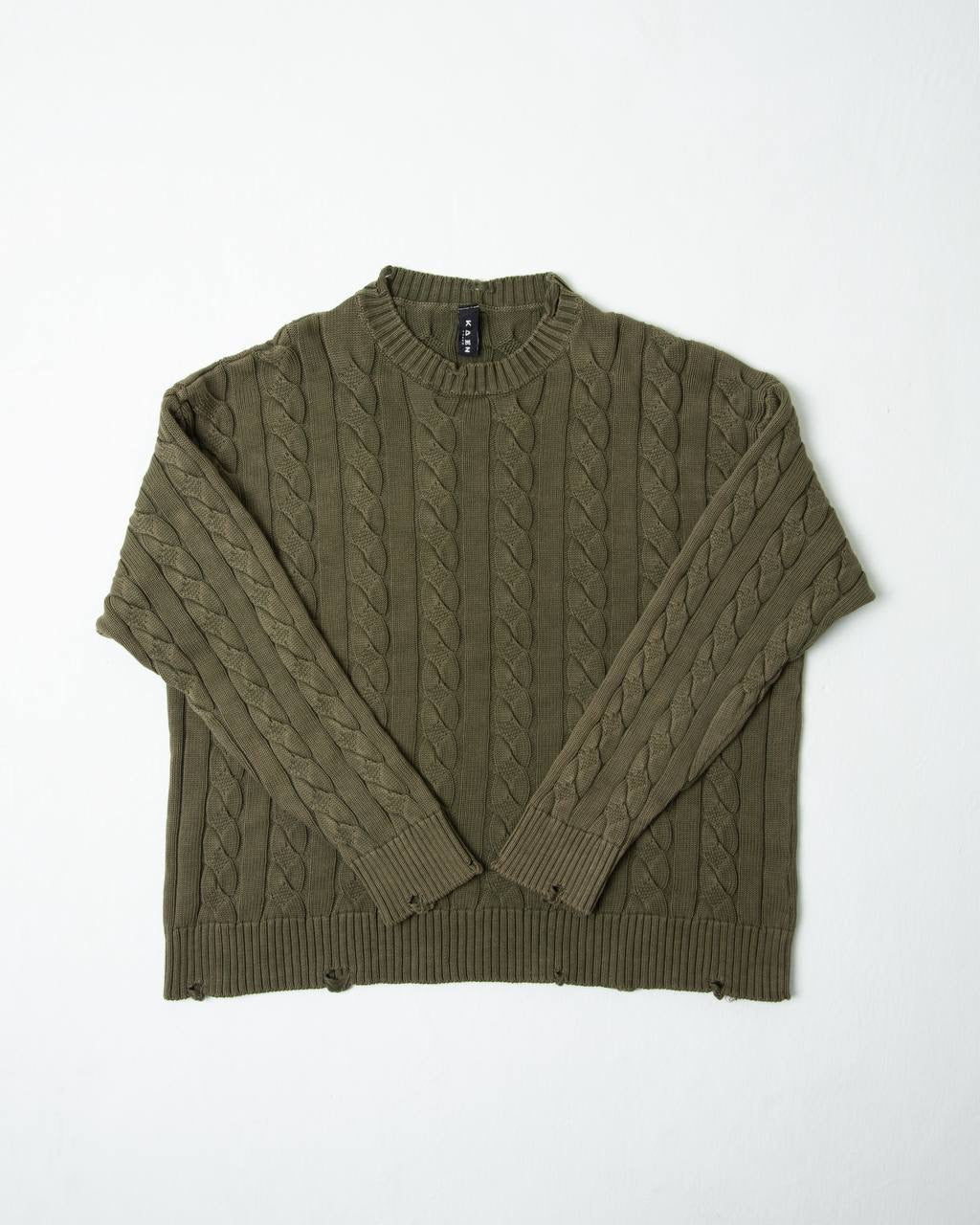 סריג צמות ירוק זית משופשף